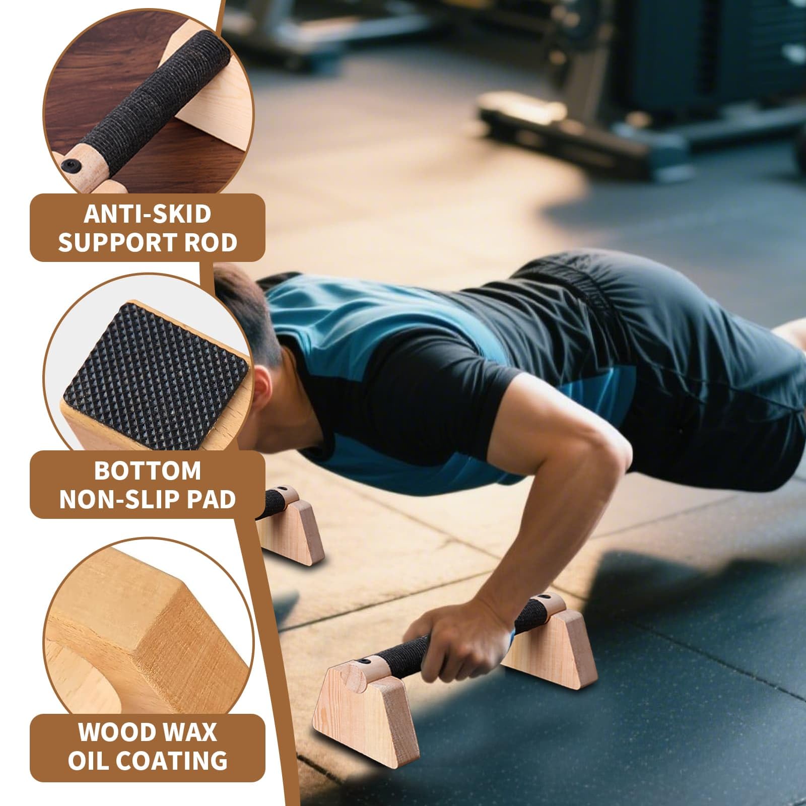 Parallette in legno massiccio per flessioni, barre per calisthenics, piedi in gomma antiscivolo, per esercizi calistenici, attrezzature per fitness, ginnastica