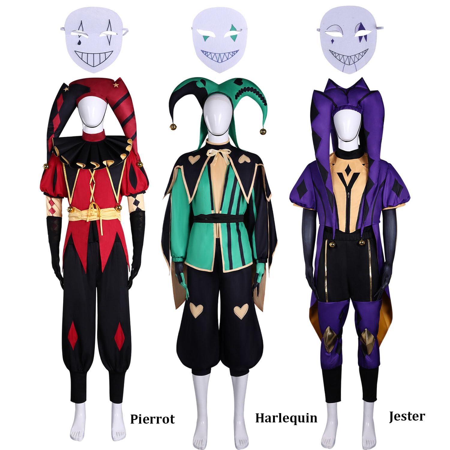 Personaggio del Gioco Pierrot Cosplay Costume Vestito Gioco di Ruolo Uniforme Set Completo Halloween Carnevale Festa Dress Up Suit con Cappello Mascherina per Uomo