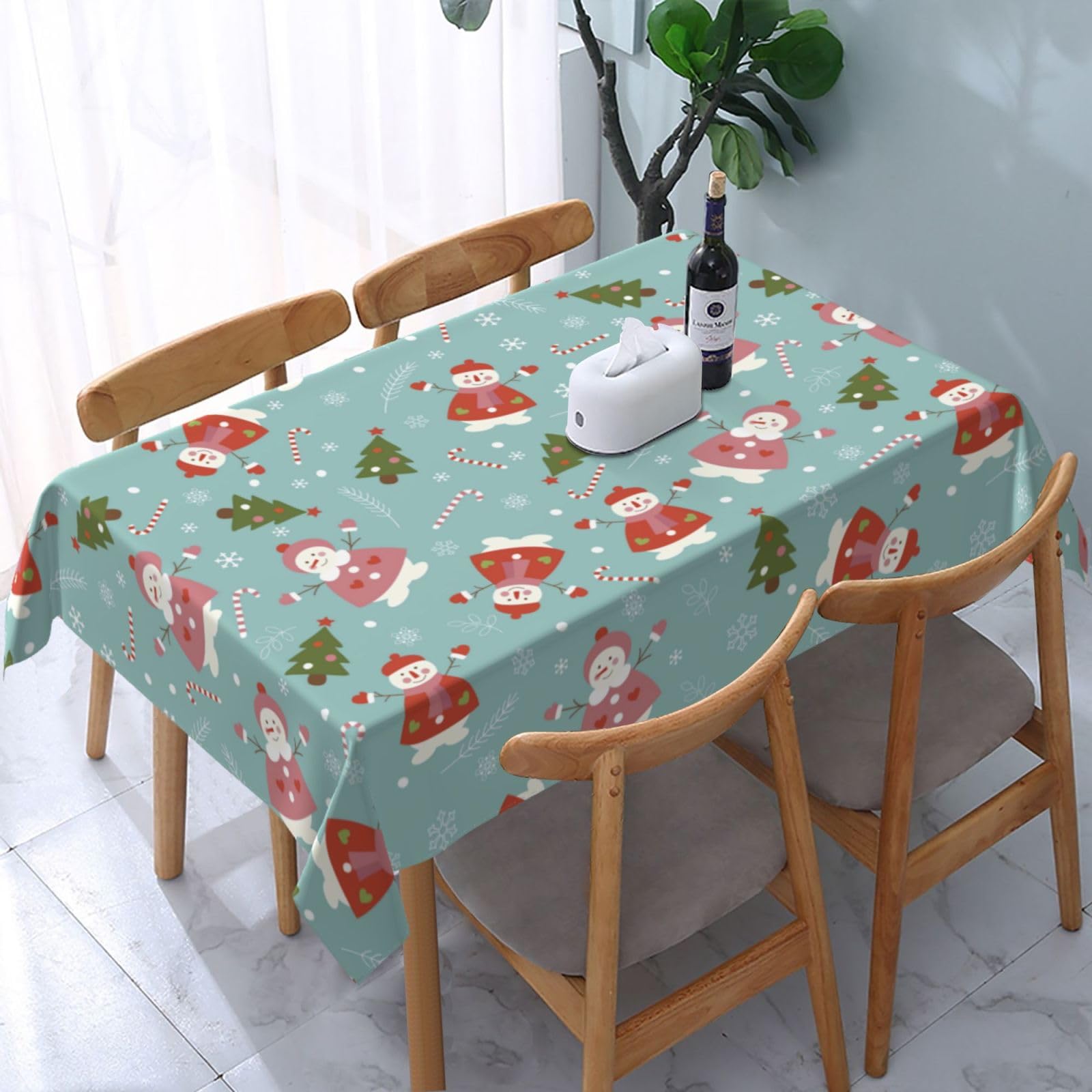 JunHeArt Cute Christmas Snowman Pattern Tablecloth Rectangle Table Cover Washable Table Cloths Decor For Kitchen 54" X 72"