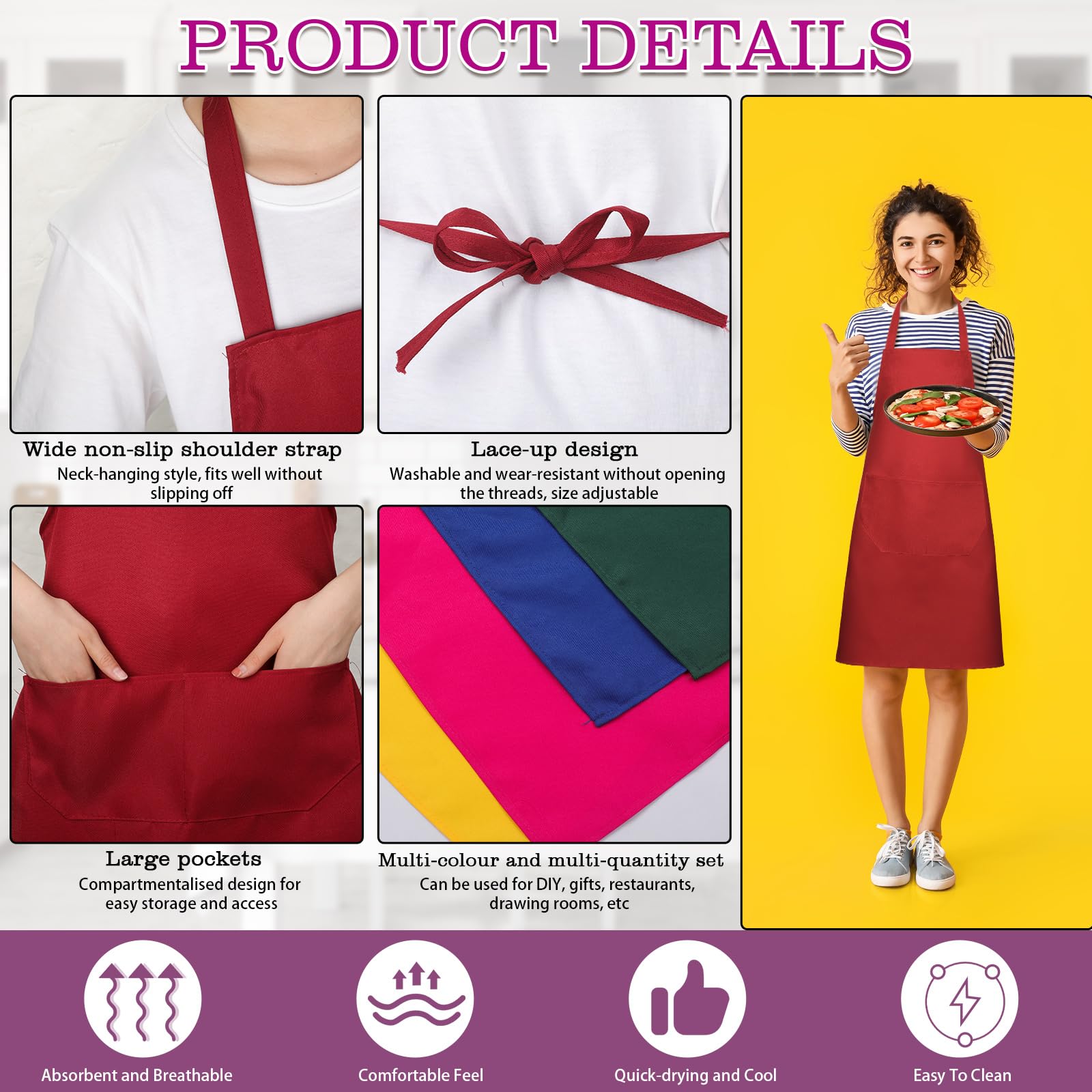 Bonuci Delantal liso unisex con 2 bolsillos para cocinar, para mujeres adultas, chef, cocina, Varios colores, 25.59 x 29.53 inches