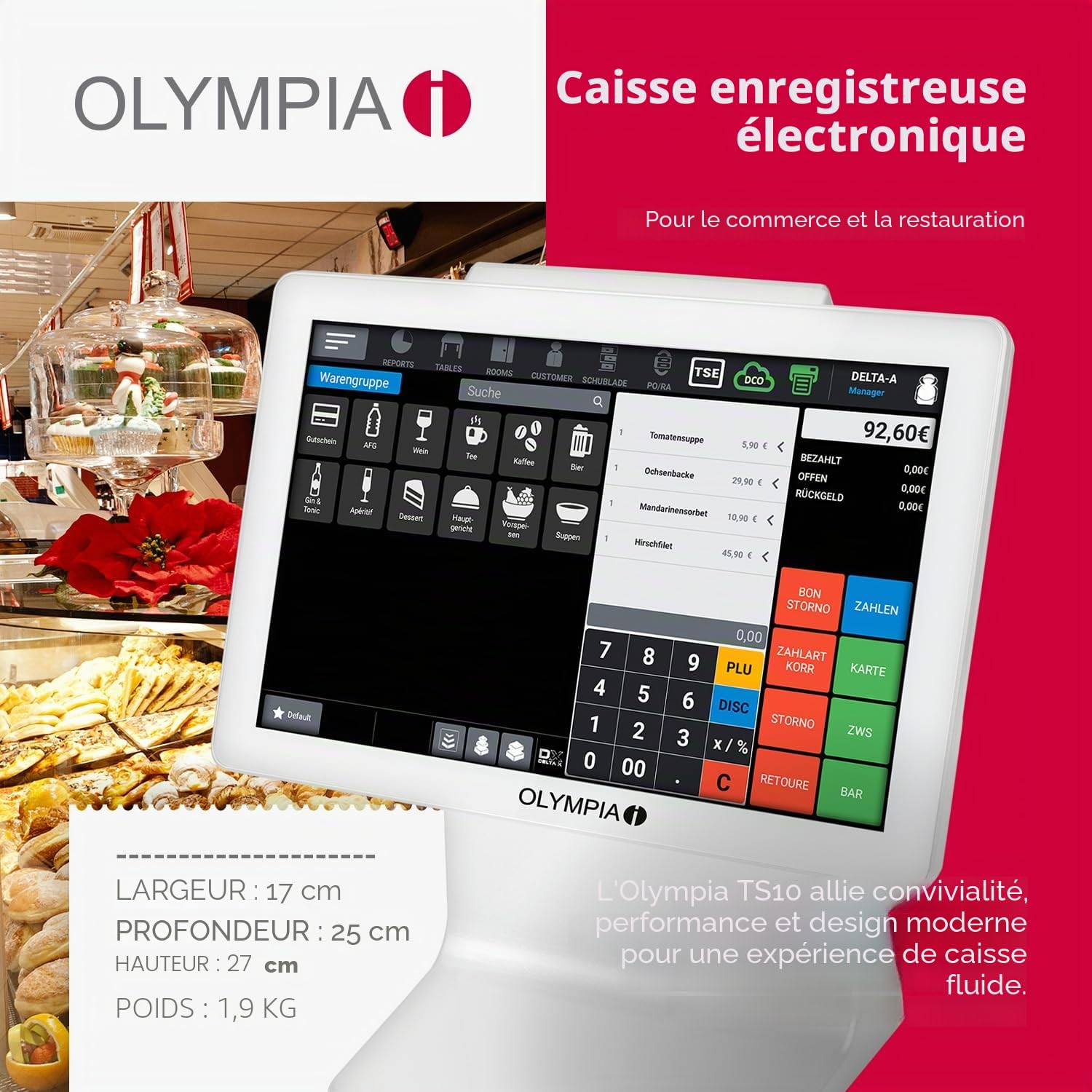 Olympia TS10 Système de caisse à écran tactile pour restauration et vente au détail | Caisse Android avec scanner et affichage client | Caisse enregistreuse avec écran de 10,1" (blanc)