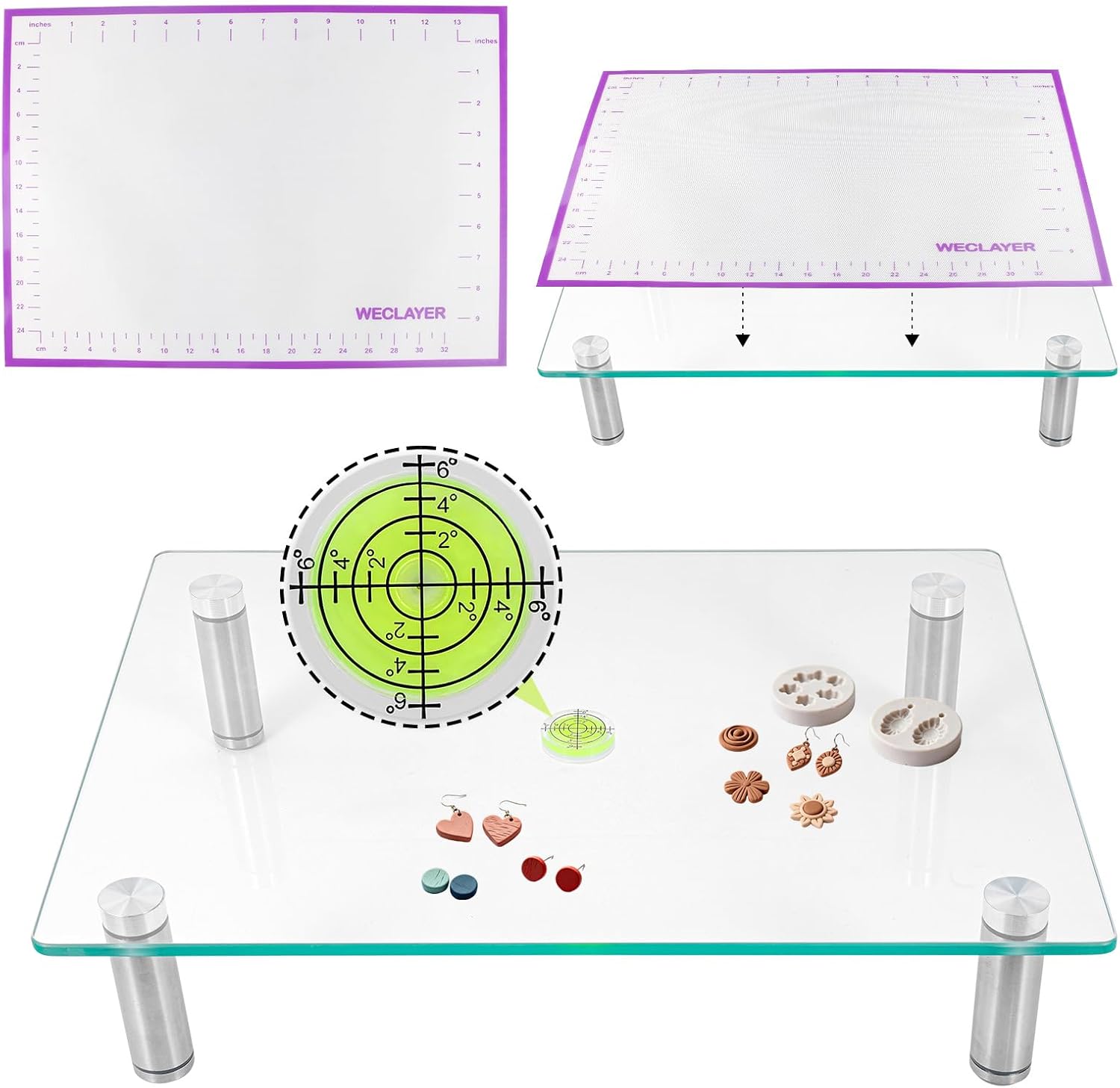 Polymer Clay Leveling Table and Resin Leveling Table,16"x 12" Glass Clay Table with Measurable Silicone Mat,Scratch Resistant,Heat Resistant,Polymer Clay Tools for Jewelry Making,Arts,Resin Molds
