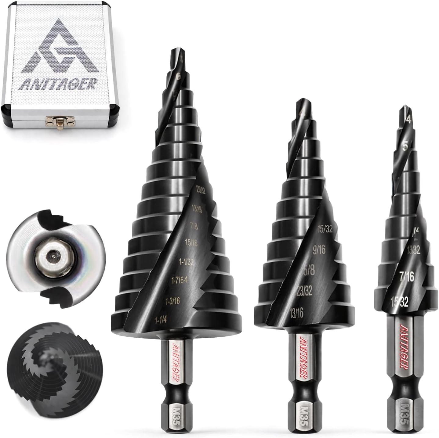 Unibit Step Drill Bit Set, 3-Piece M35 Cobalt HSS TiAlN, 5/32"–1-1/4" Range – Spiral Groove for Stainless Steel, Sheet Metal & Plastic, 1/4" Hex Shank, Aluminum Case