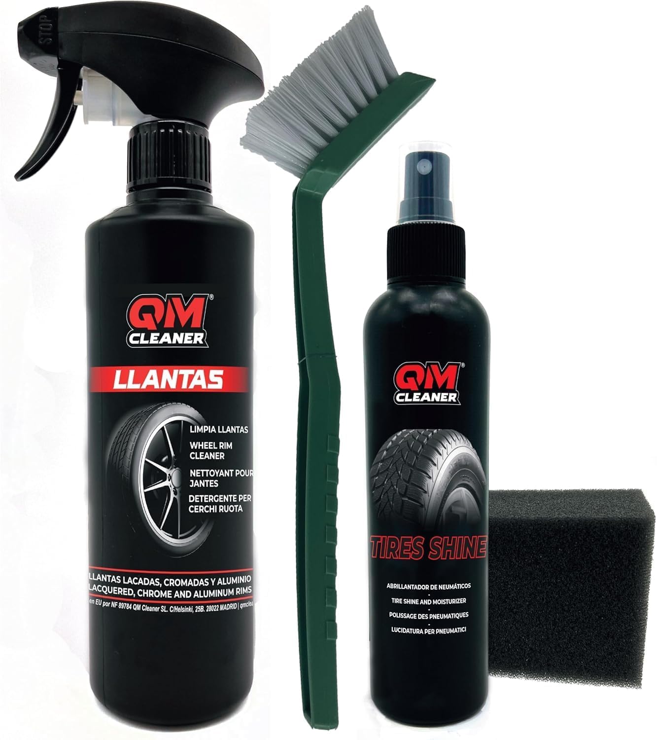 QM Cleaner Kit di Pulizia Cerchi e Lucidante per Pneumatici per Auto | Include 500 ml Detergente per Cerchi, 200 ml Lucidante per Pneumatici, Spazzola e Spugna Kit Completo per Veicolo