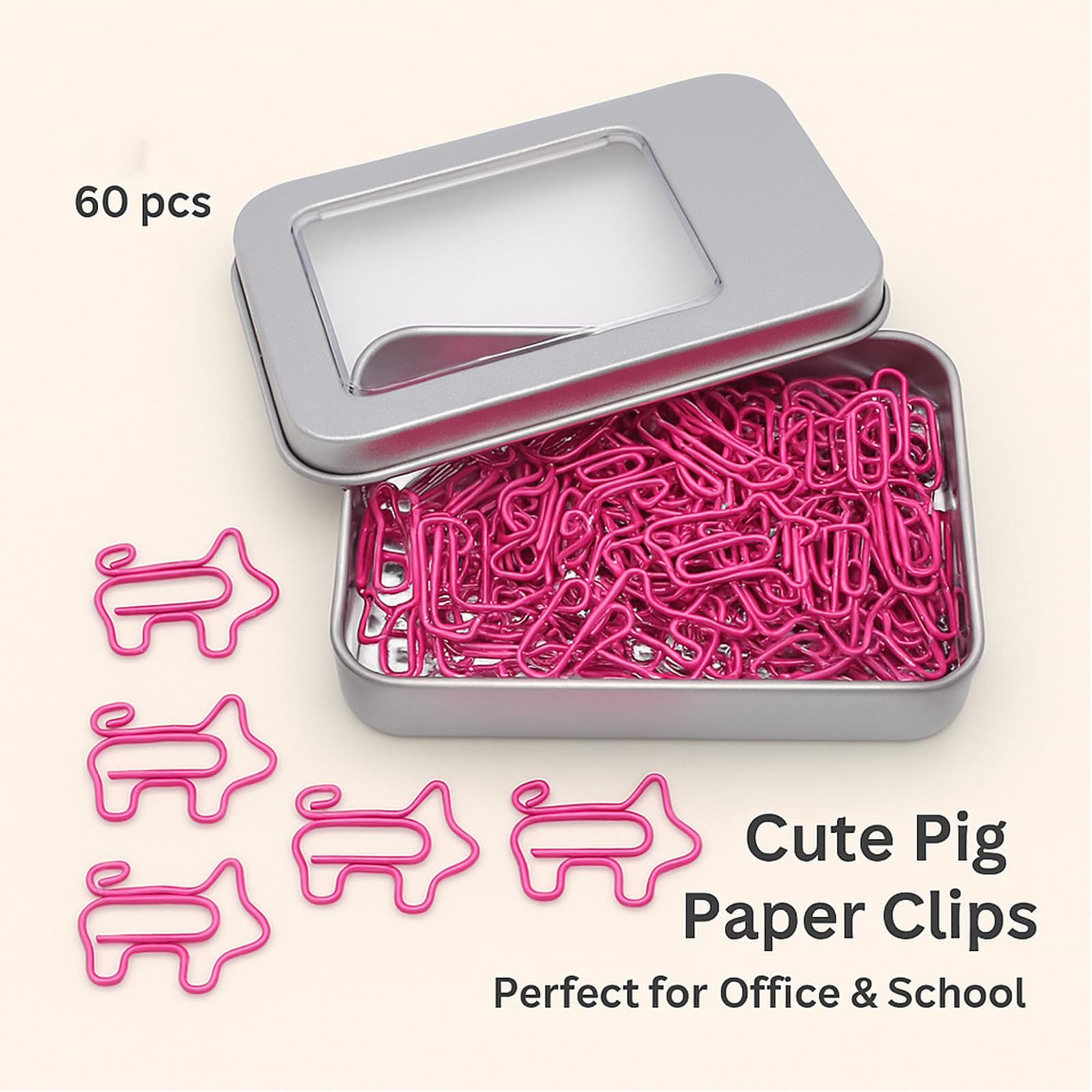Cute Pink Pig Paper Clips - 60 Pcs -3 Cute Pink Pig Paper Clips - 60 Pcs -3
