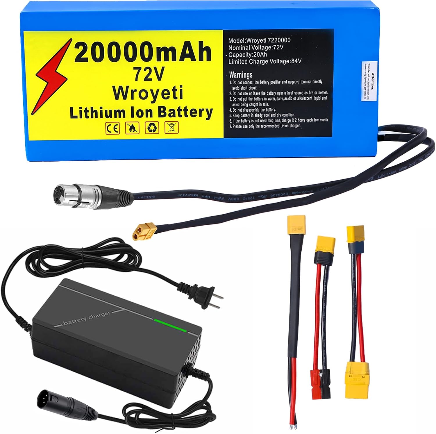 72V 20Ah Ebike Battery 72V Battery 72V Lithium Ion Battery 72V Electric Bike Battery with 3A Charger, XT60 Extension Cord, XT90 Connector , Anderson