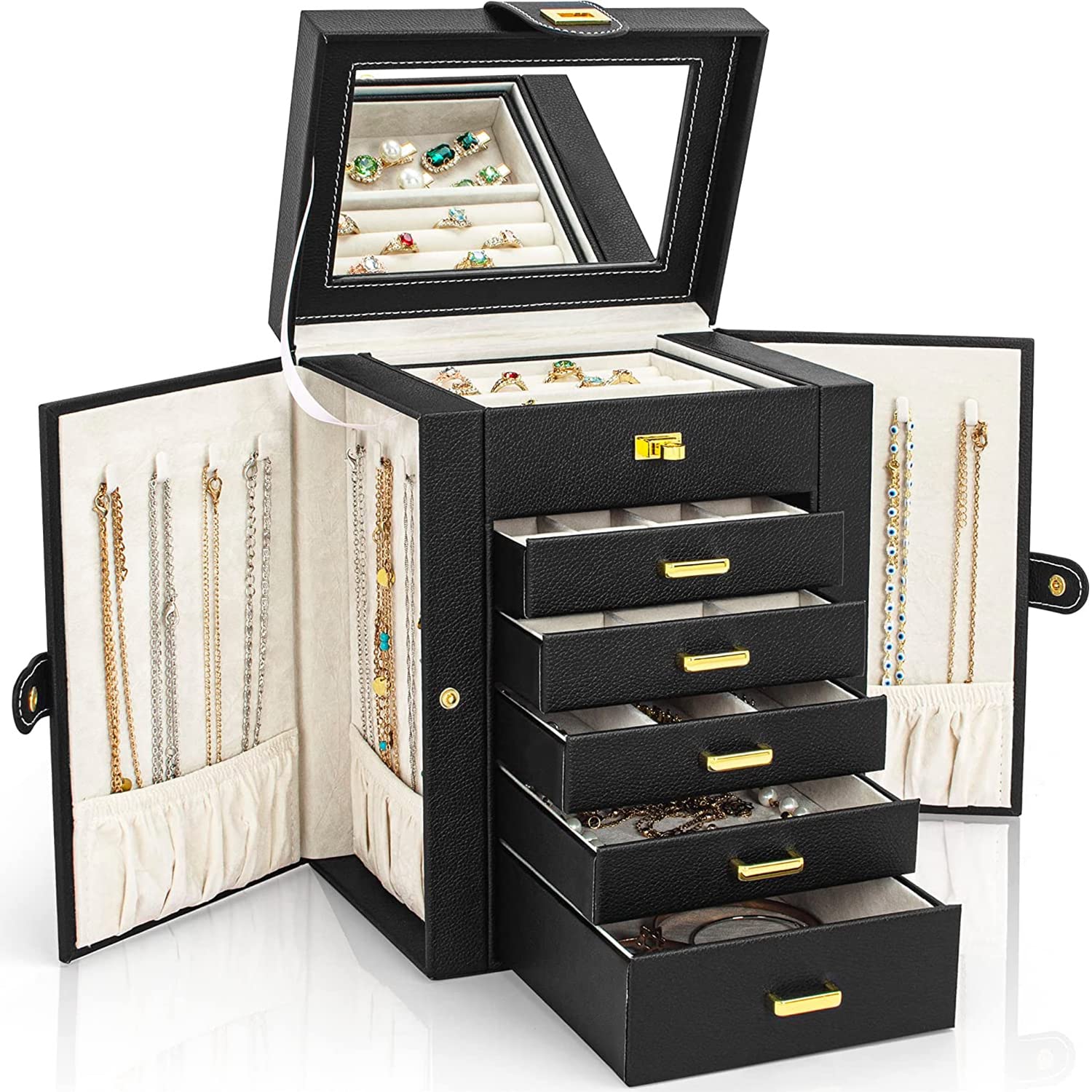 AKOZLIN Jewelry Box Organizer Functional Lockable, Leather Jewelry Storage Case for Women Girls Ring Necklace Earring Bracelet Holder Organizer with Mirror Black