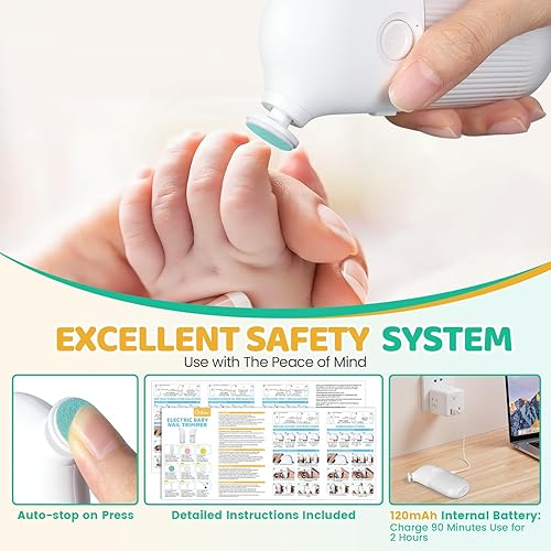 Miniatura 5 de IvyWind Lima eléctrica de uñas para bebé, 7 en 1, recortadora de uñas automática para bebés, recién nacidos, niños y adultos, 2 velocidades,