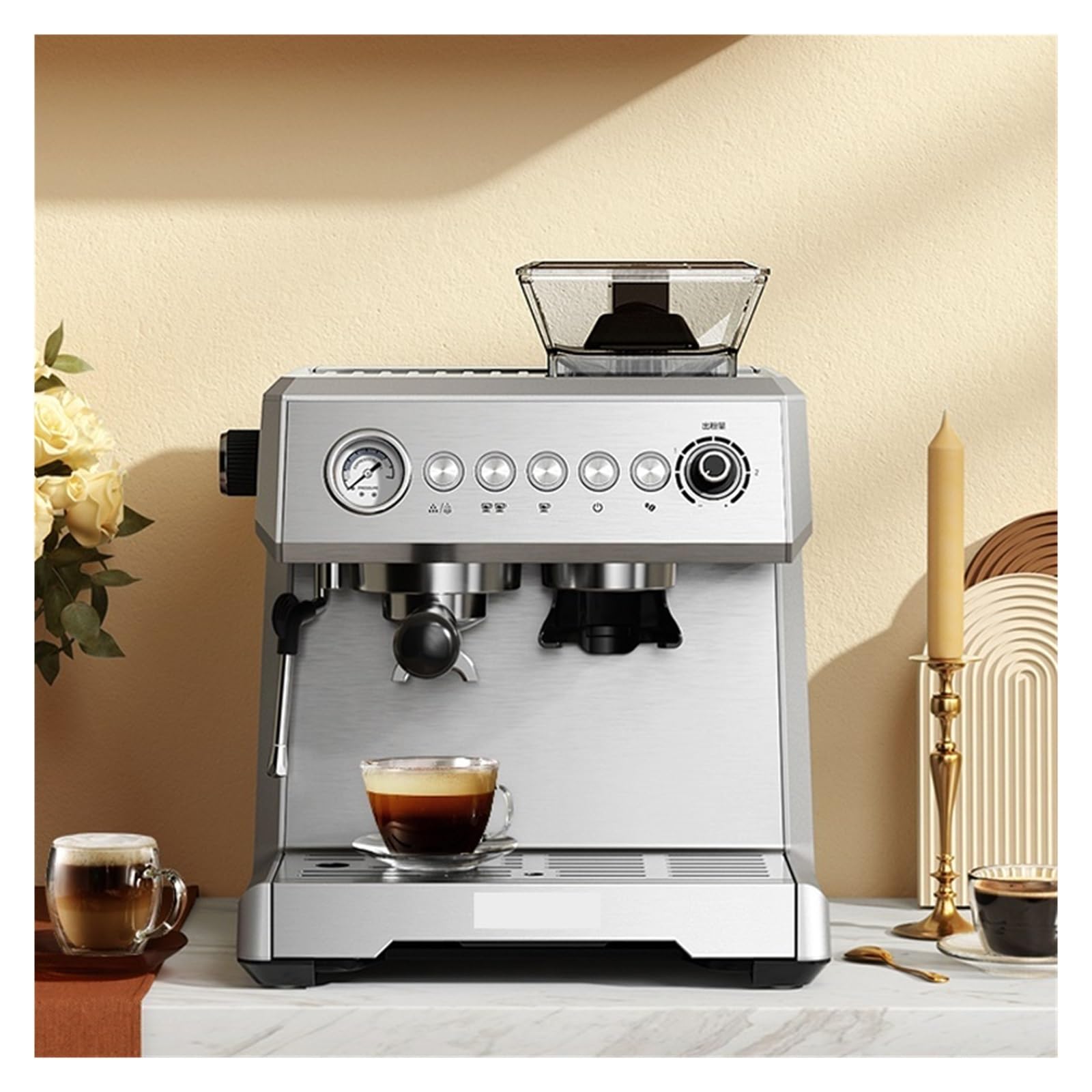 Cafetera Espresso Semiautomática con Bomba De 20 Bares De Presión, Molinillo Y Vaporizador De Leche.
