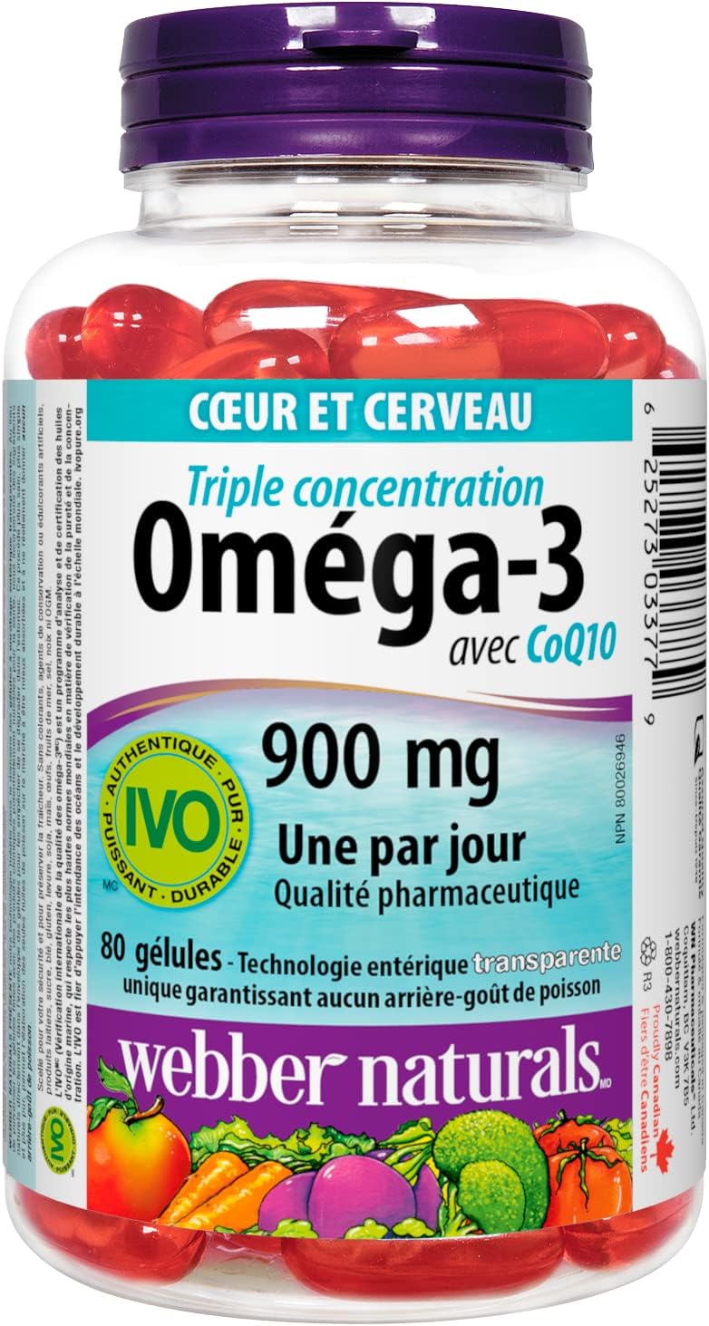 Webber Naturals Triple Strength Omega-3 with CoQ10 enteric coated 900 mg Omega-3 (EPA • DHA)/ 100 mg CoQ10, 80caps