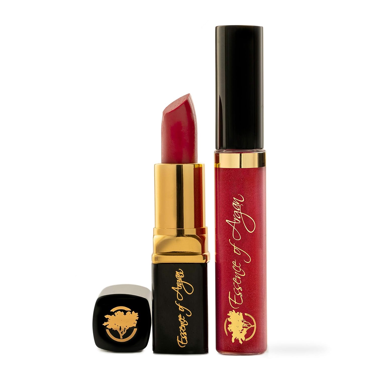 Essence Of Argan Lip Care Bundle – Moisturizing Deep Red Lipstick & Nourishing Lip Gloss with Organic Moroccan Argan Oil – Voluptuous Sexy Lips – Sun Protection, Long Lasting & Colorful Lip Balm Set