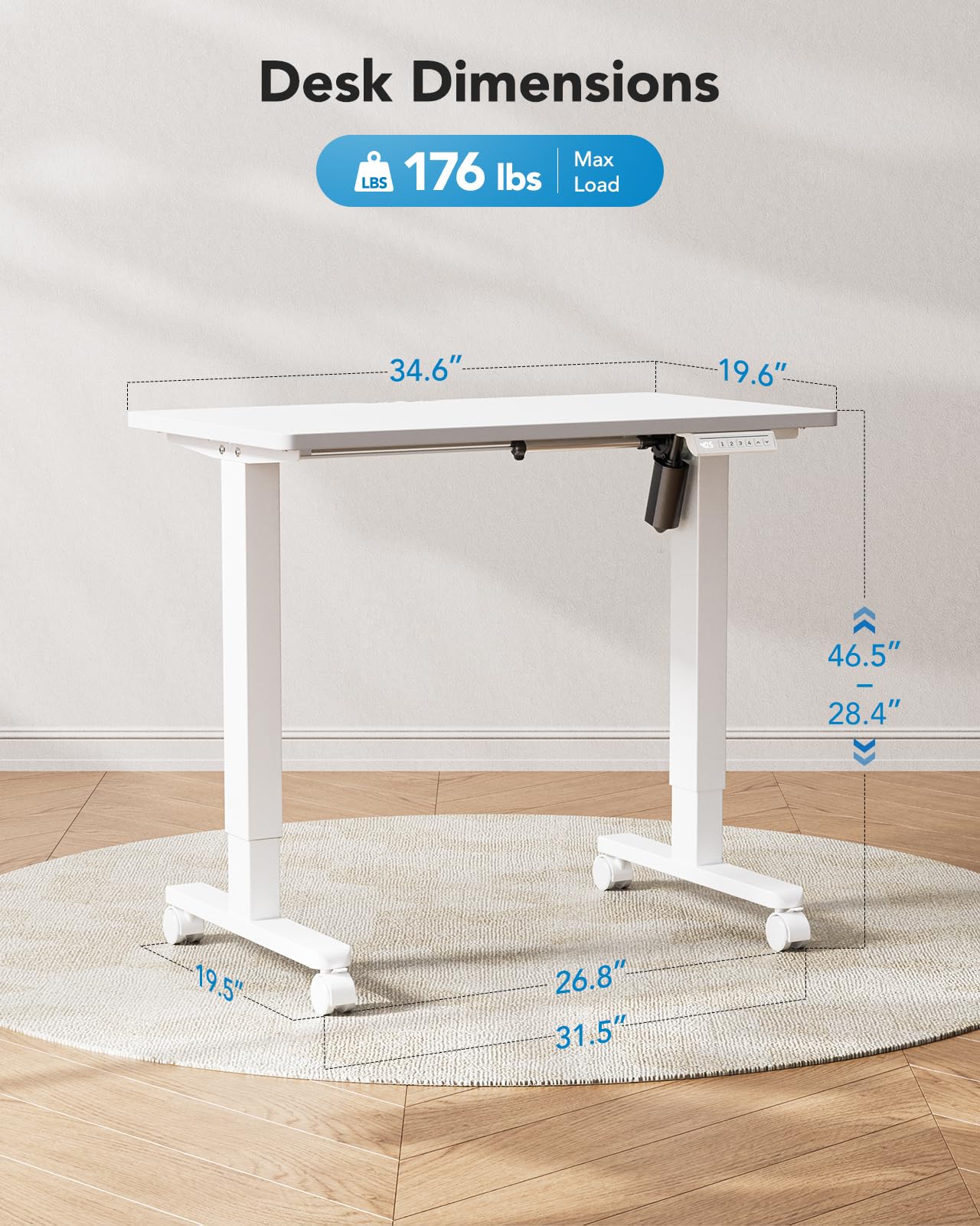 HUANUO Petit bureau électrique debout, bureau monobloc, bureau d'ordinateur à hauteur réglable, 4 réglages de hauteur de mémoire, bureau assis-debout pour bureau à domicile, 88,9 x 50,8 cm, blanc