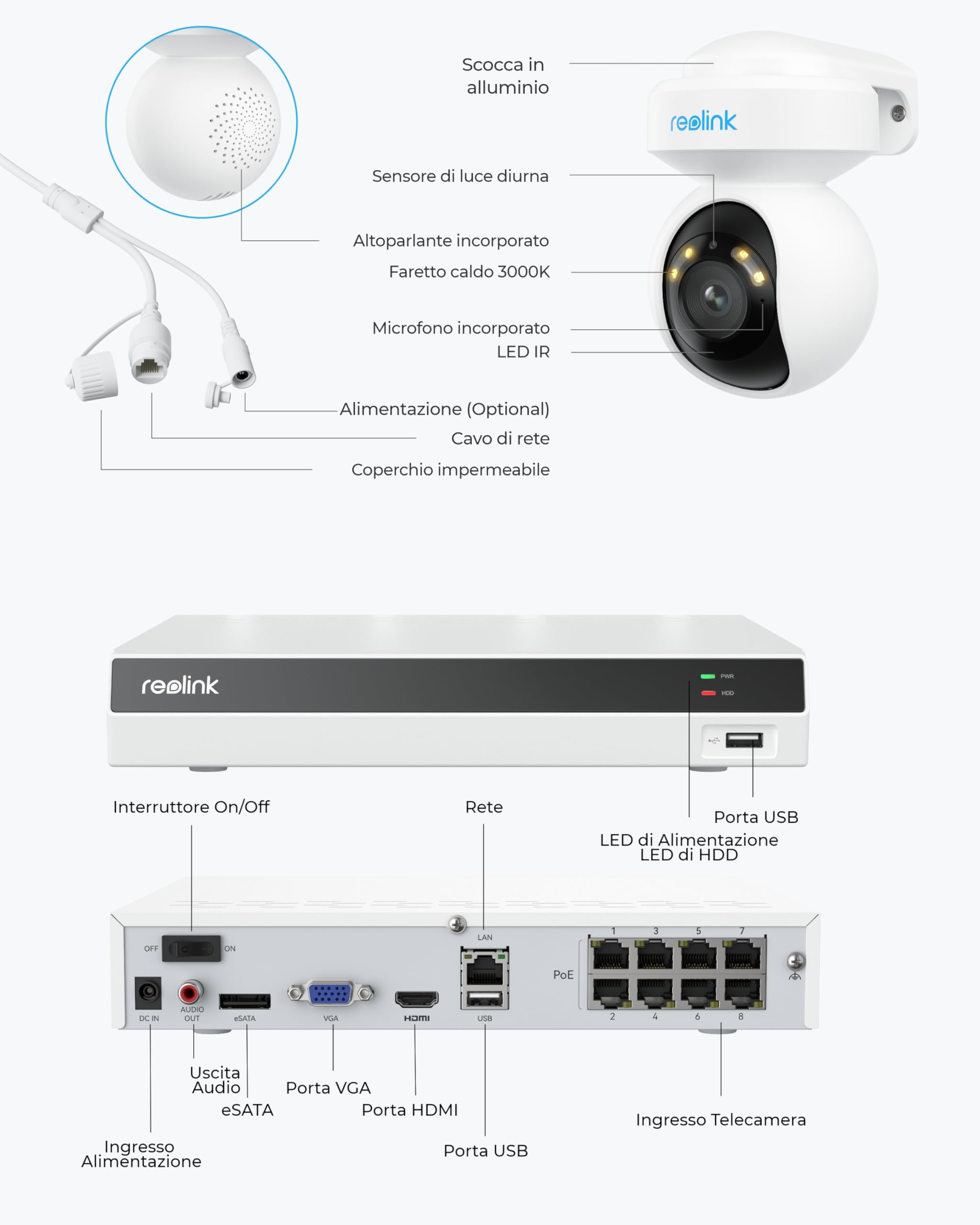 Reolink 4K PoE Kit Videosorveglianza Esterno, Panoramica 355° e Inclinazione 50°, Inseguimento Automatico, Rilevamento di Persona/Veicolo/Animale, NVR 8CH con HDD 2TB, Registrazione 24/7, RLK8-800PT4
