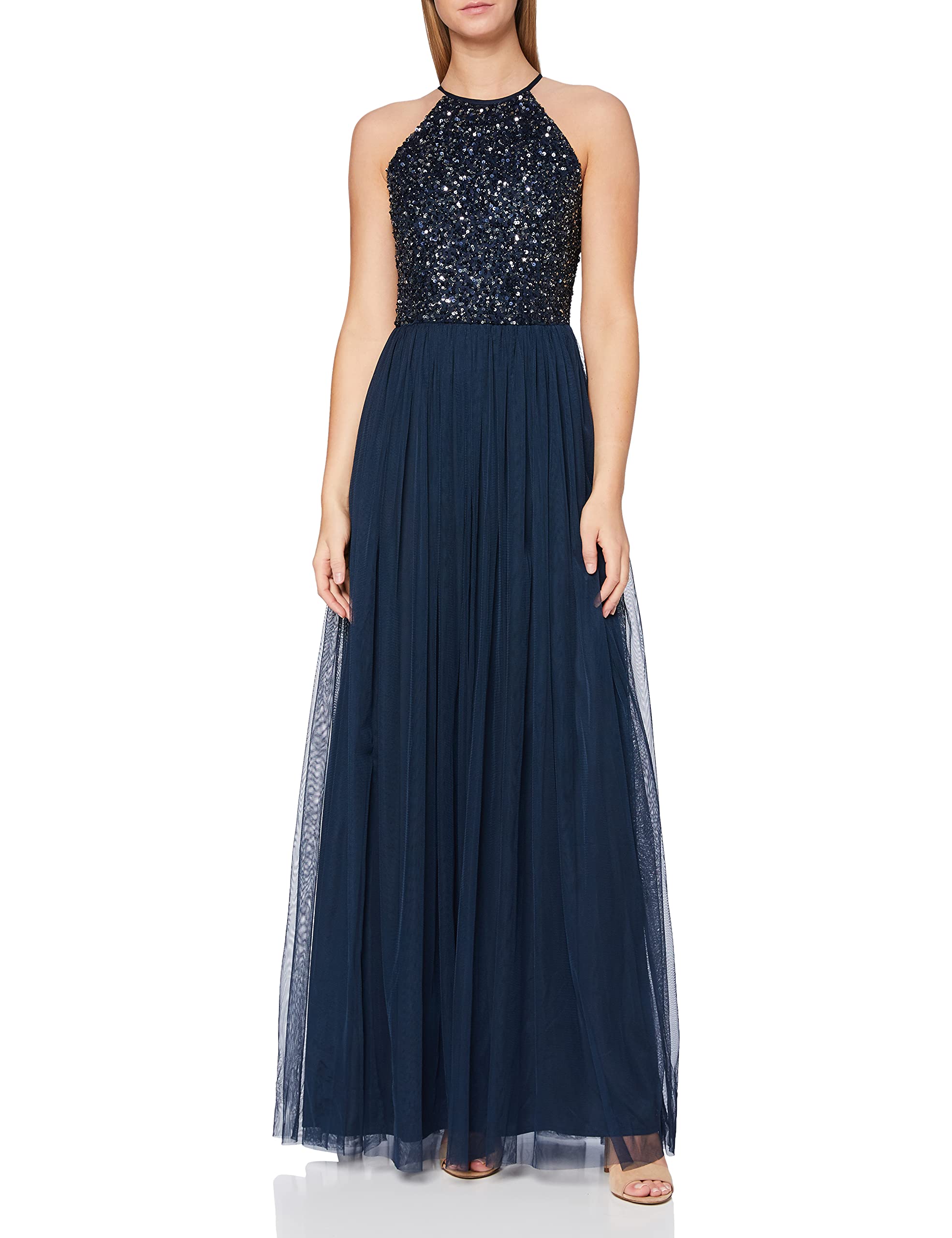Abendkleid Pailletten Cocktailkleid Damen Tüllkleid Kleid Nackenband Abendkleid Elegant für Hochzeit Brautjungfernkleid