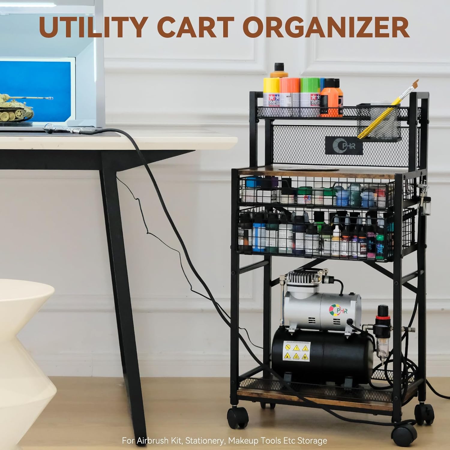 OPHIR 5 Tiers Art Cart, Airbrush Paint Storage Cart with 2 Air Brush Holders, Metal Rolling Craft Cart with Lockable Wheels & 2 Drawers & 1 Paint Brush Holder, for Airbrush Compressor Kit Storage