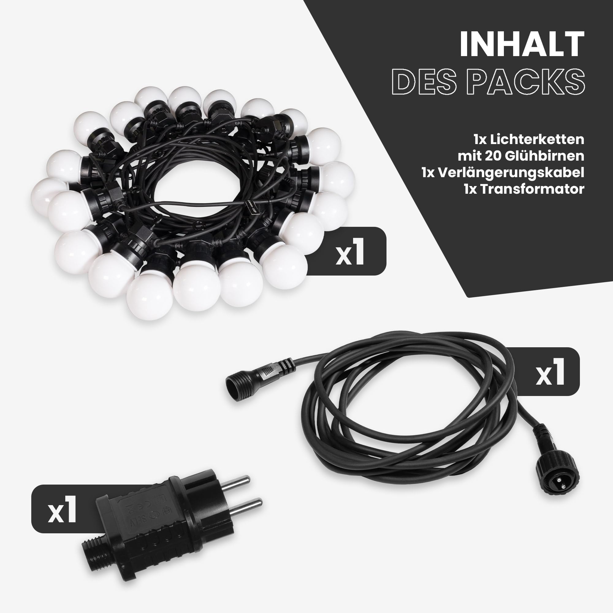 SKYLANTERN® Partylichterkette 10m Außen weiß – 20 E27 Glühbirnen – wetterfest – Romantische LED Lichterkette für Garten & Terrasse