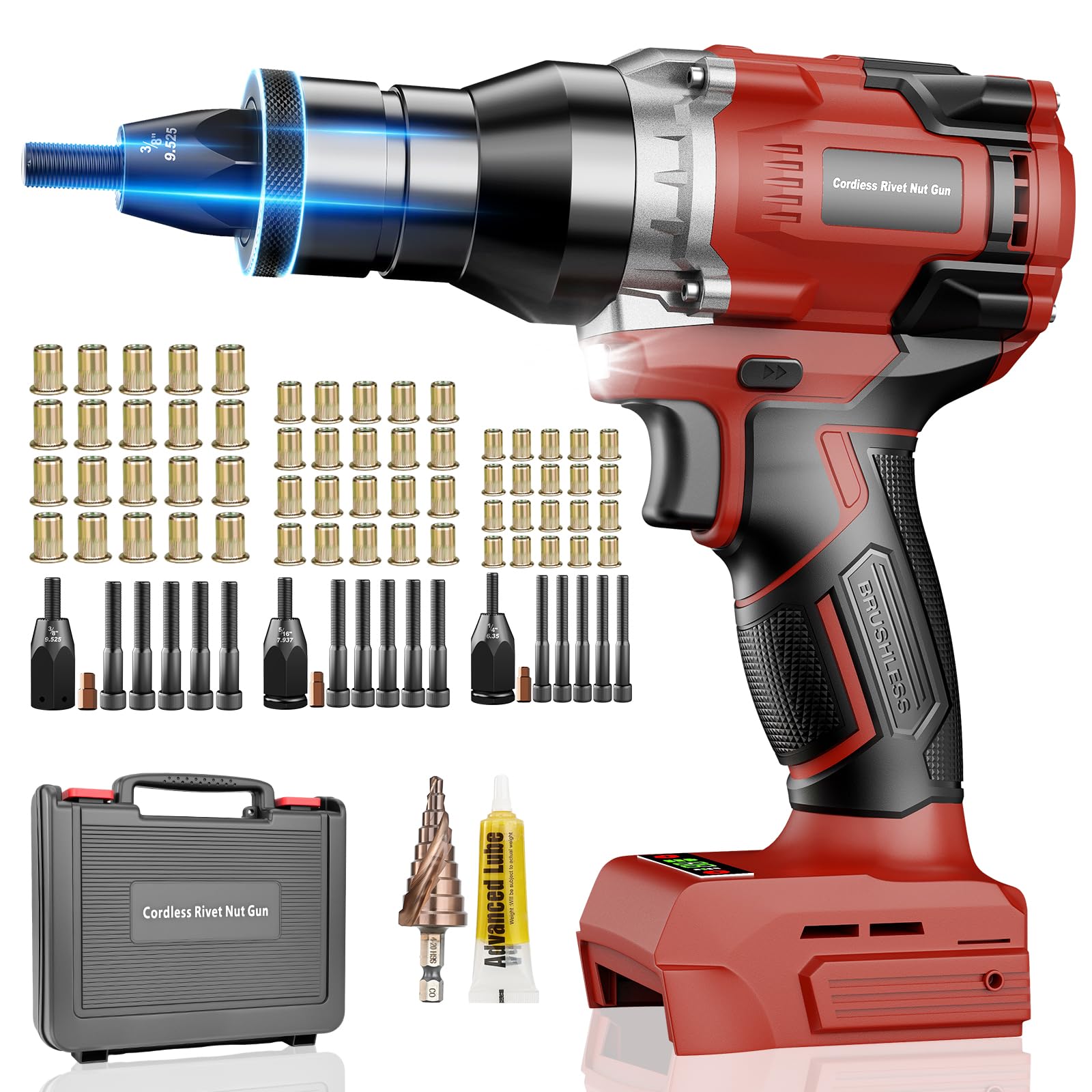 Labfintom Pistola de tuercas de remache inalámbrica, herramienta eléctrica sin escobillas con 3 tamaños de tuercas de remache (1/4 pulgadas, 5/16 pulgadas, 3/8 pulgadas), 2 velocidades variables, modo