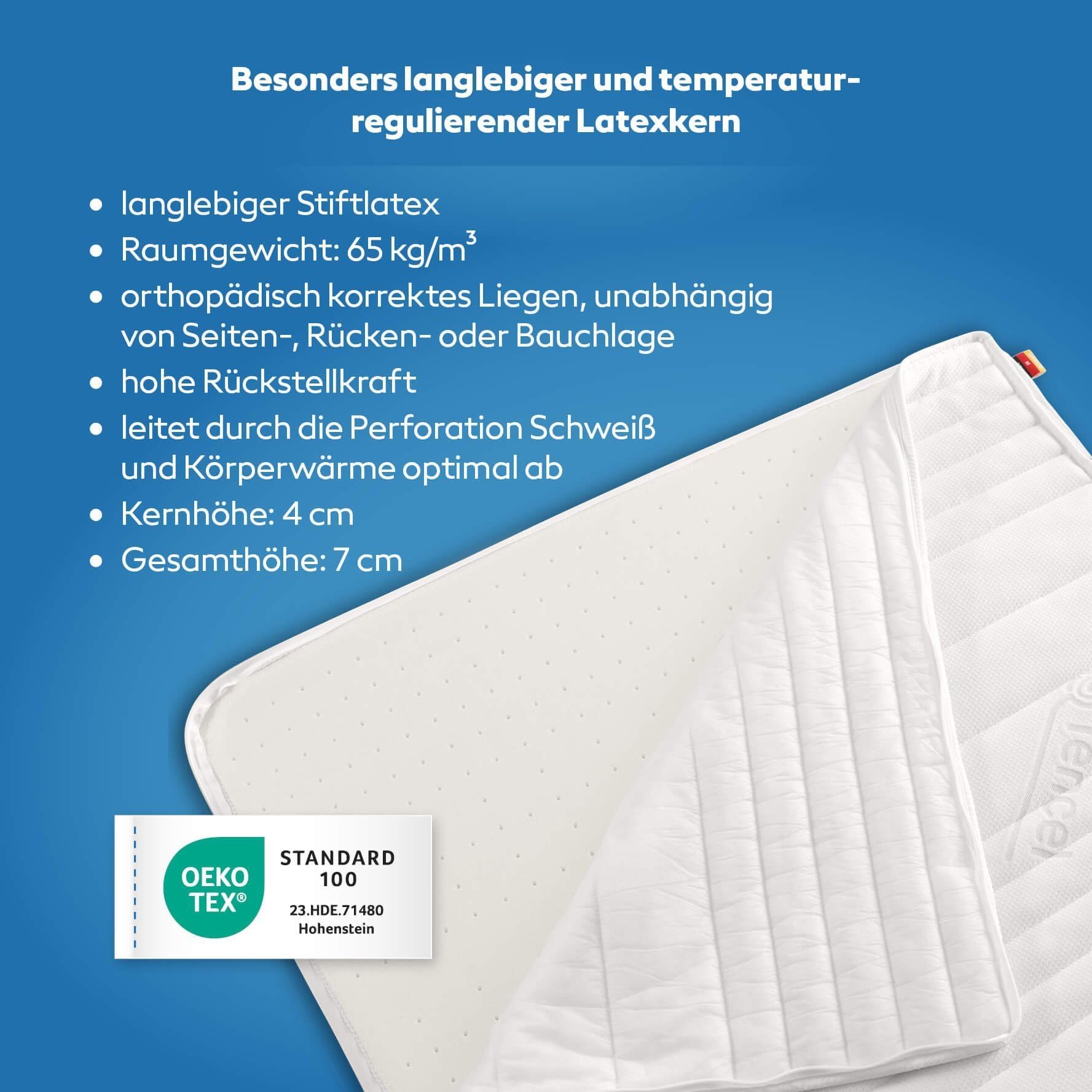 Sobrecolchón de látex 120 x 180 cm (ancho x largo), tencel 3D, dureza media, altura 7 cm, OEKOTEX, RG 65 kg/m³, fabricado en Alemania