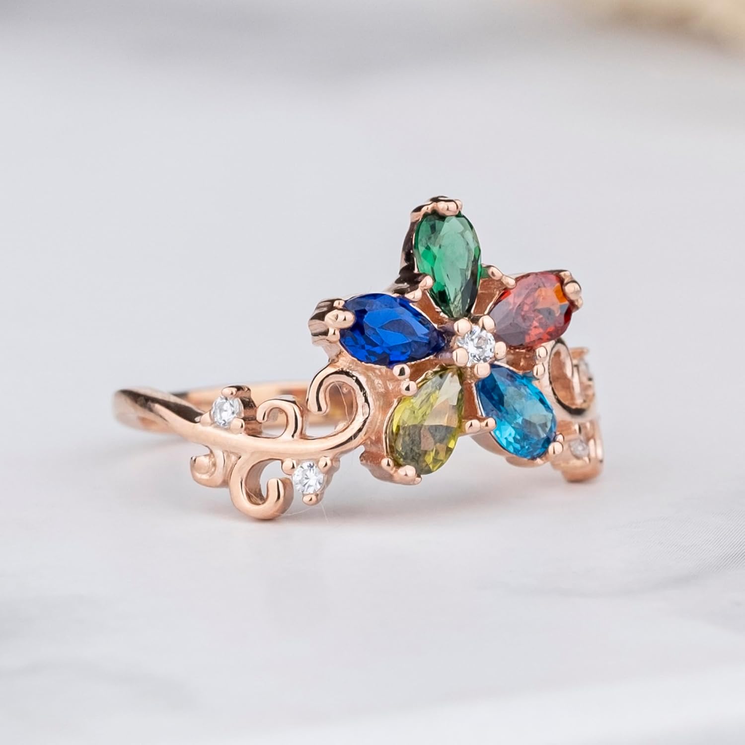 Daisy Style 5 Birthstones Ring, Gemstone Ring, Mother Grandma 14K Gold Family Ring, Sterling Silver Custom Ring, Personalized Gift, Mothers Day Gift