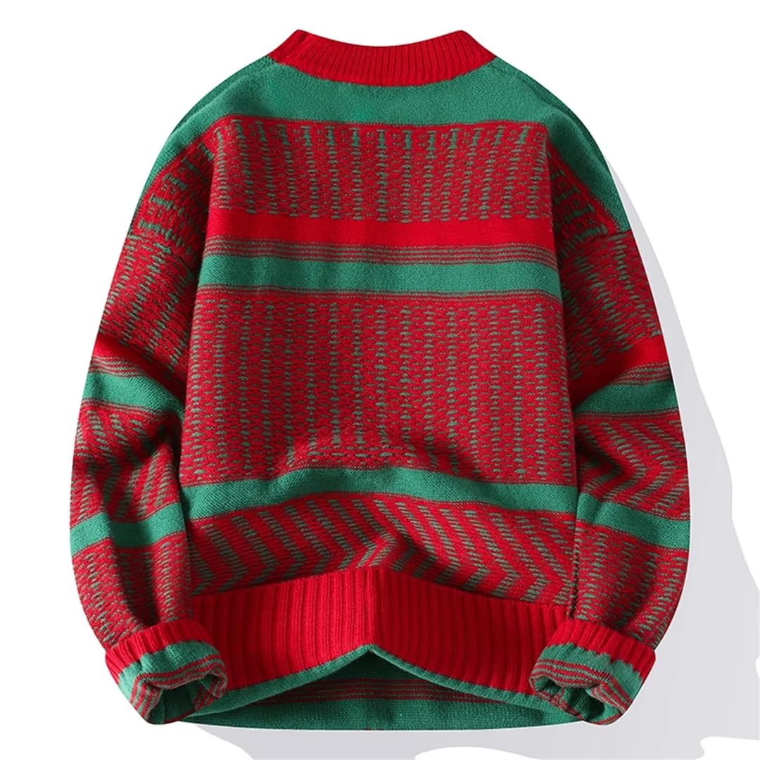 Maglione da uomo con scollo rotondo, caldo, a righe, maglione natalizio