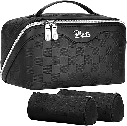 Miniatura 10 de Bolsas de maquillaje de viaje Bolsa organizadora de cosméticos Juego de 3 bolsas de maquillaje de gran capacidad, bolsa de aseo de piel sintética