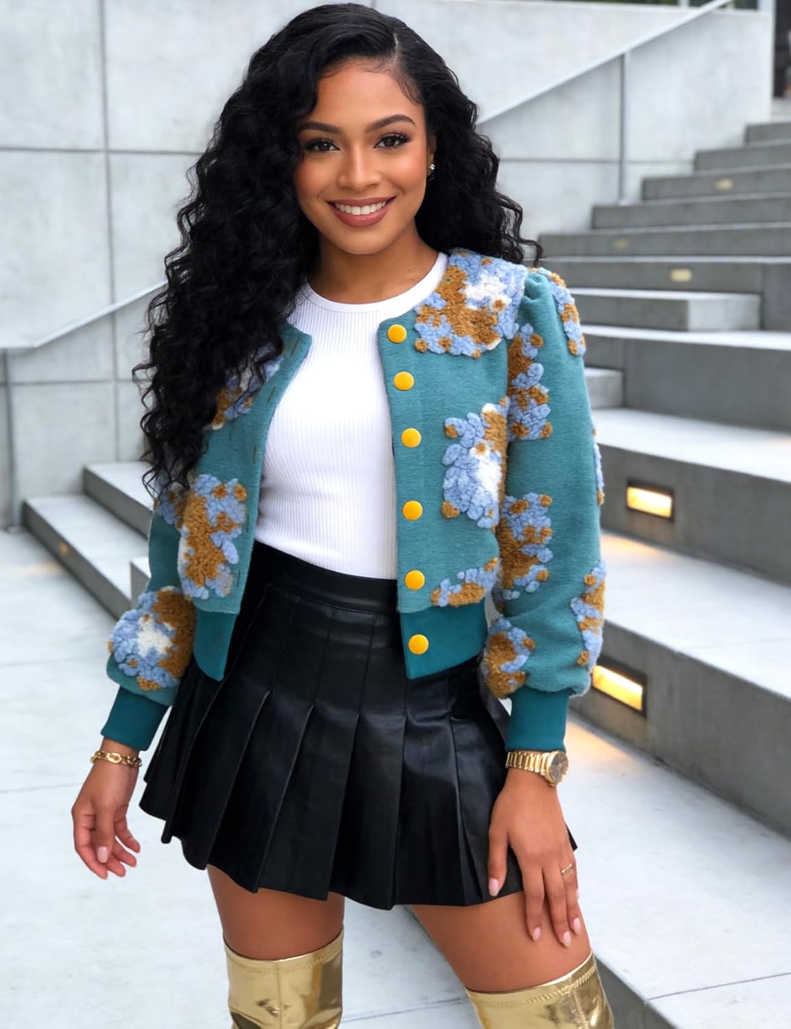 Flygo Women's Cropped Floral Print Bomber Jacket Warm Fleece Varsity Jacket Casual Button Down Puff Sleeve Coat Outerwear - Image 7