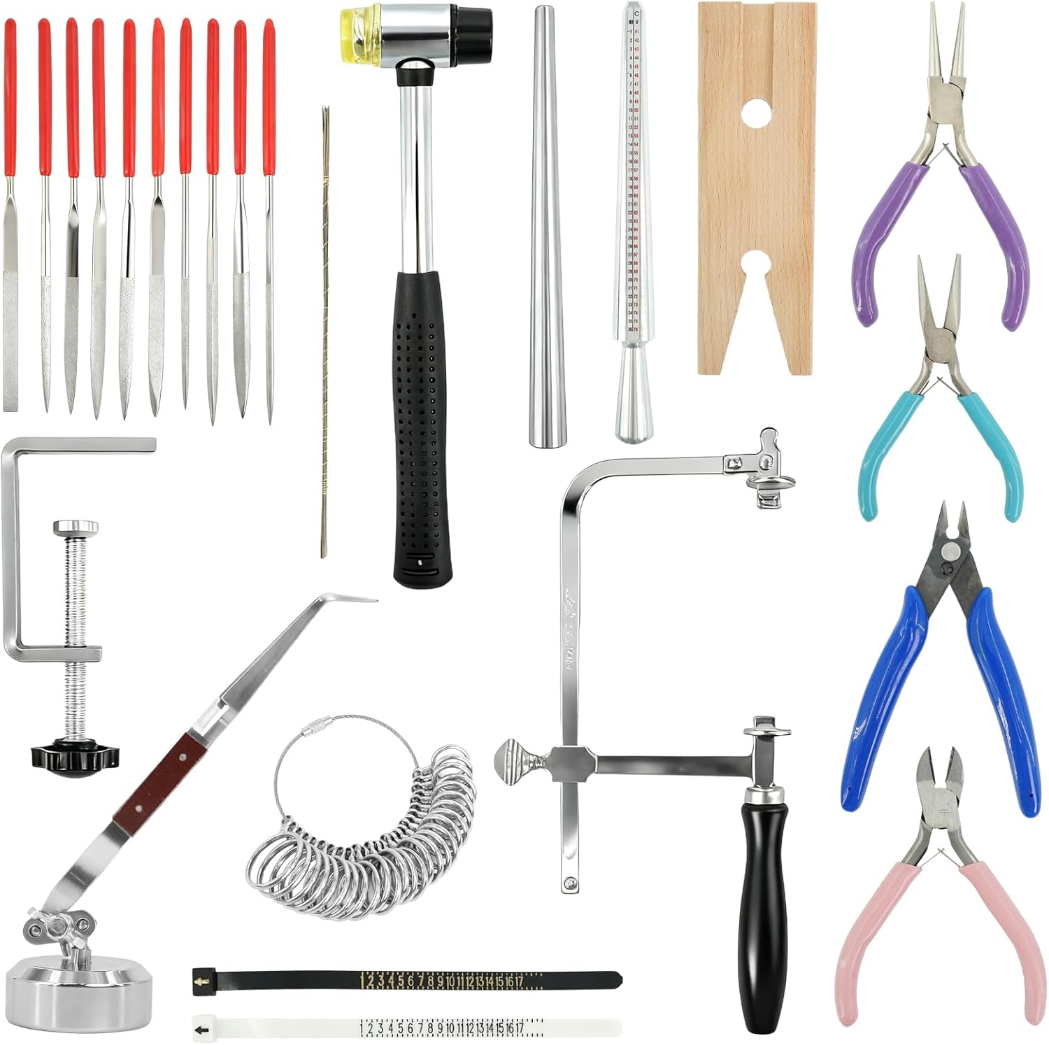 UCEHIPAW Jewelers Tools Set with Ring Sizer Mandrel Measuring Tool, 144 Blades Saw Frame, Third Hand Tweezers, Multipurpose Needle File, Wooden Ring Clamp, Mallet Hammer, for Jewelry Making and Repair