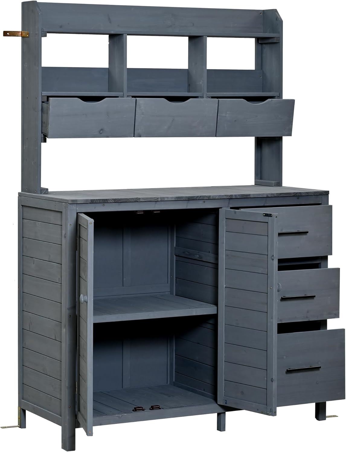 Farmhouse Patio Potting Bench with Storage Cabinet, 65" H Garden Workstation with 6 Drawers and Side Hooks, Outdoor Kitchen Island with Adjustable Shelf for Patio, Backyard, Gray