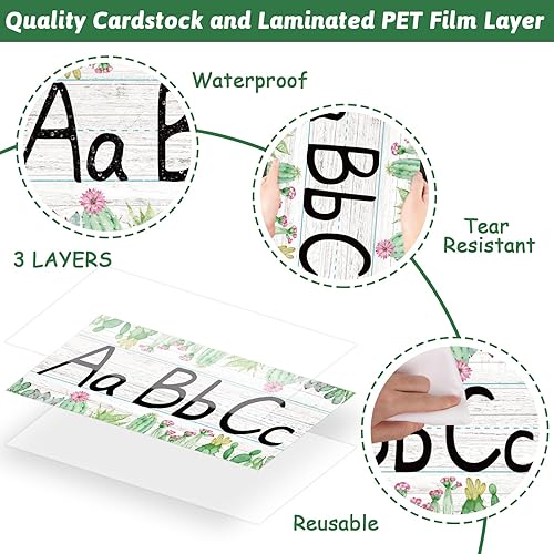 Miniatura 3 de gisgfim Juego de 12 tiras de tablón de anuncios del alfabeto, diseño de cactus con línea del alfabeto ABC y borde numérico, plantas de cactus para
