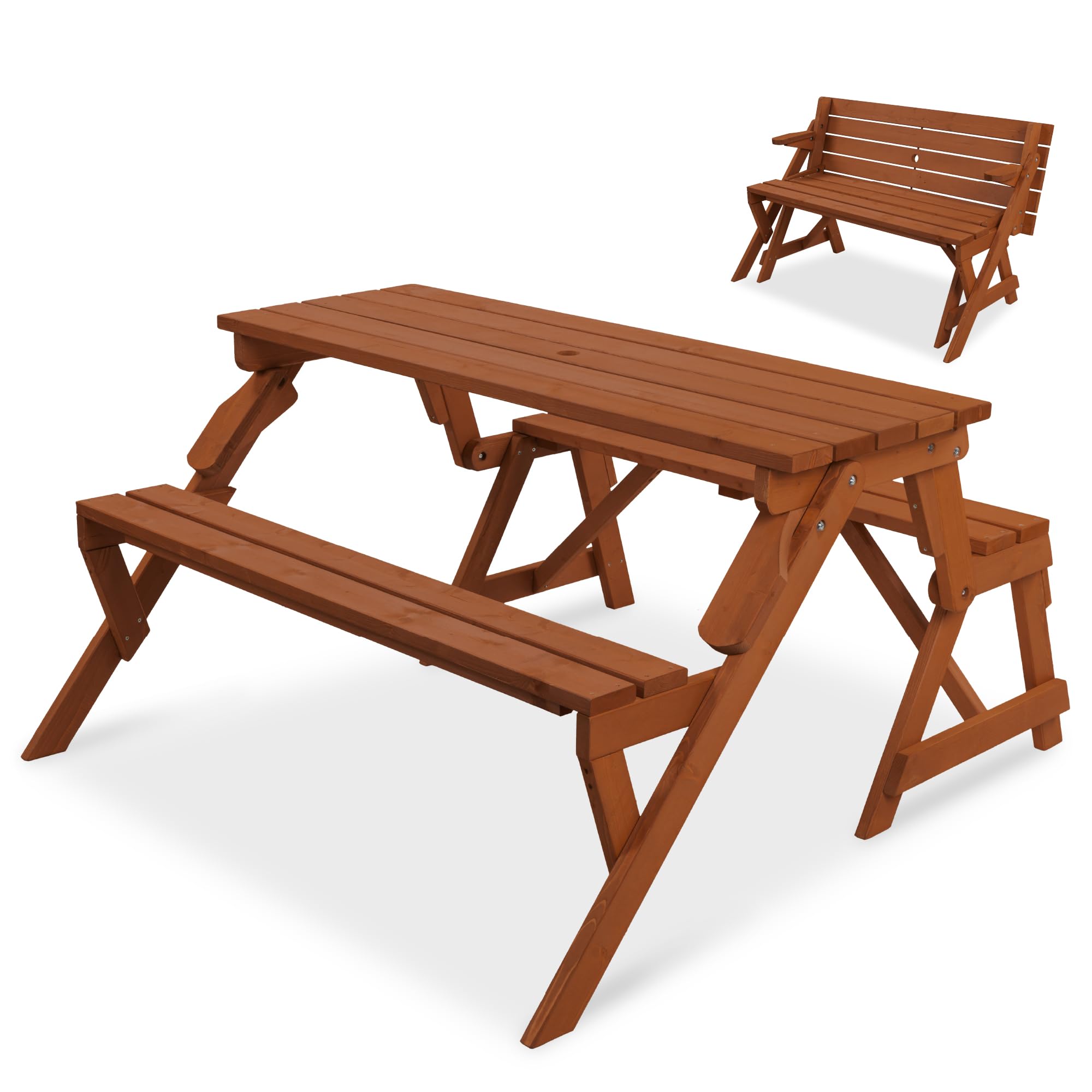 Best Choice Products 2-in-1 Transforming Interchangeable Outdoor Wooden Picnic Table Garden Bench for Backyard, Porch, Patio, Deck w/Umbrella Hole - Acorn
