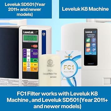 Water Filter Replacement Kit FC1 replaces the Enagic Leveluk F8 and HG-N filters on K8, SD501, and JRIV machines. Includes 1 FC1 Water Filter, 2 Cleaning Powder, 1 Reminder