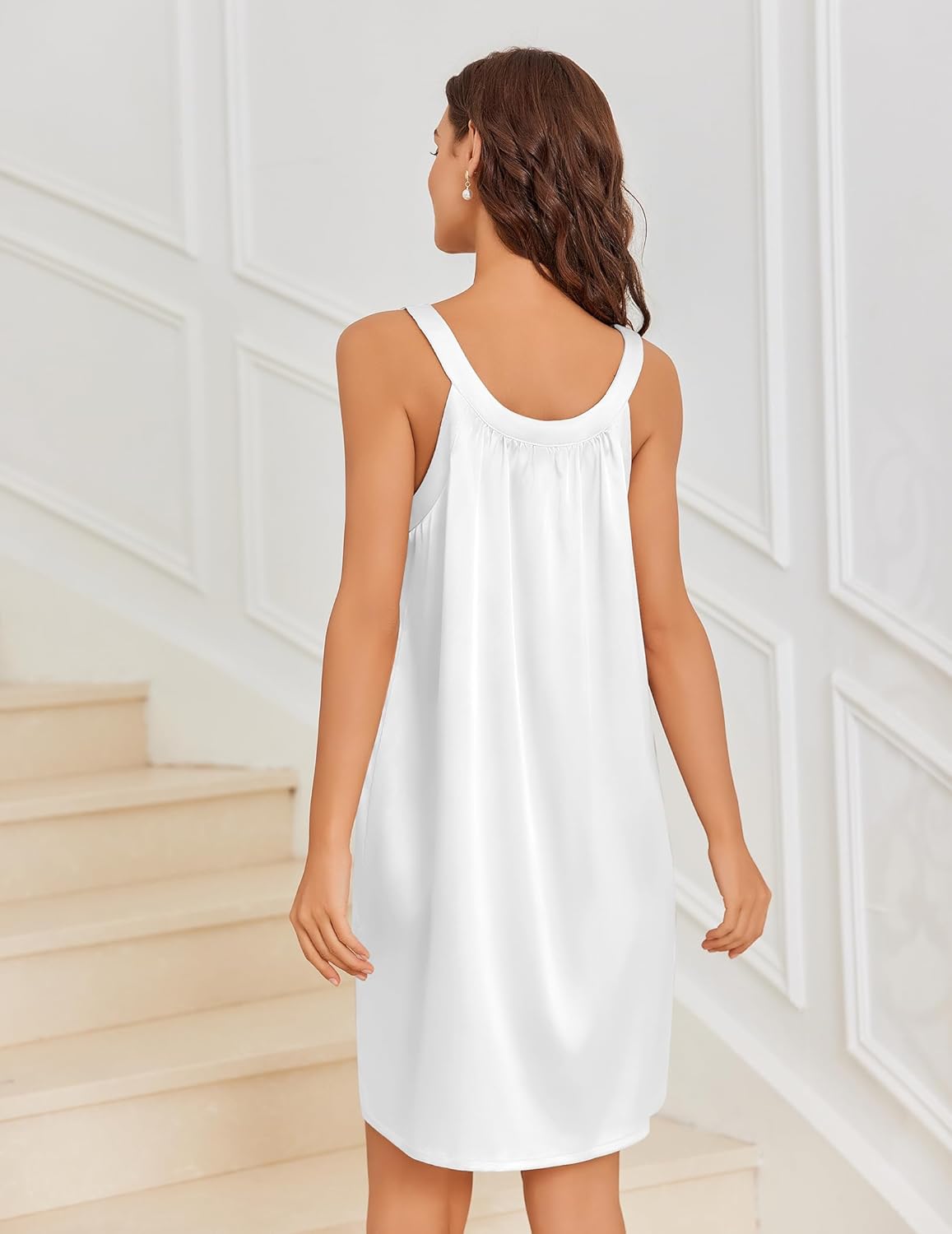 Ekouaer Silky Satin Nightgown for Women Sleeveless Sleepwear Tank O Neck Night Shirts Pleated Sleepshirt Casual Dress S-3XL - Image 5