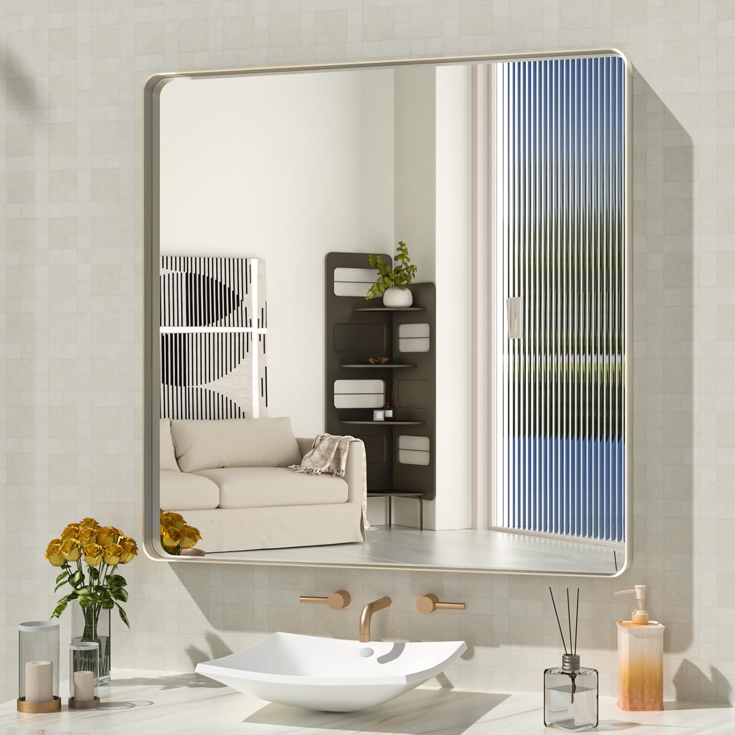 WEER 36X36 Inch Brushed Nickel Bathroom Mirror, Brushed Silver Metal Frame Mirror, Rounded Rectangle Silver Bathroom Vanity Mirror, Tempered Glass, Anti-Rust, Hangs Horizontally or Vertically Brushed Nickel 36"L x 36"W