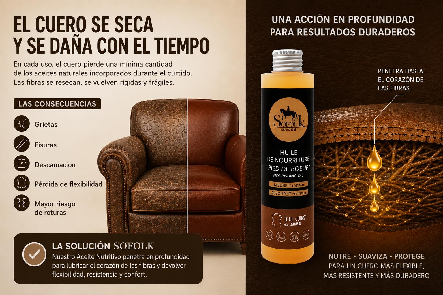 Sofolk - Aceite Nutritivo para Cuero de Buey - Cuidado e Impermeabilización - Hidrata y Suaviza Incluso el Cuero Agrietado - Sin Olor - Fabricación Francesa - 500 ml