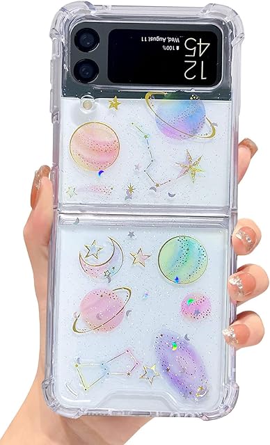 Efitoo for Samsung Z Flip 3 5G Case Space Cute Clear with Design Bling Glitter Sparkly Protective Shockproof Transparent Stars Moon Universe Phone Protective Cover for Women Girls(Planet)