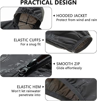 Men's Lightweight Waterproof Jacket Packable Hooded Rain Jacket Outdoor Sun Protection Windproof Raincoat for Cycling, Running, Hiking