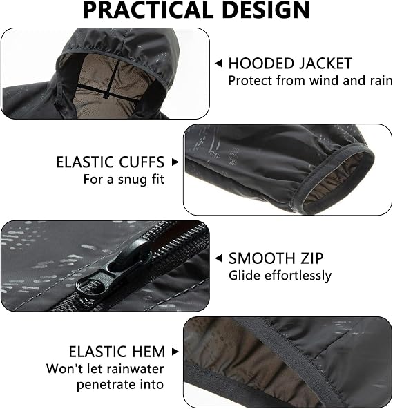 Men's Lightweight Waterproof Jacket Packable Hooded Rain Jacket Outdoor Sun Protection Windproof Raincoat for Cycling, Running, Hiking