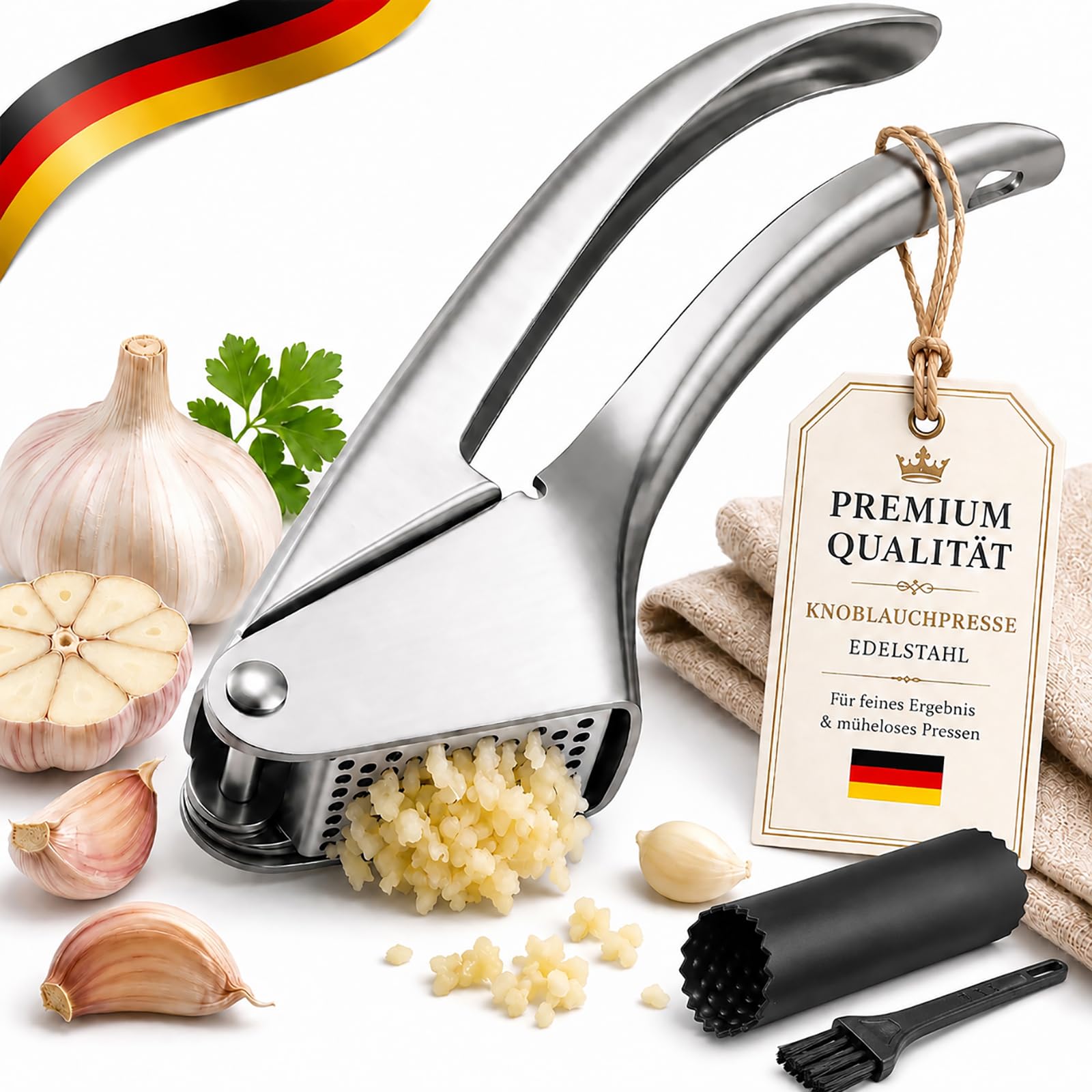 AHDGKD Garlic Press Stainless Steel, Heavy Duty Garlic Crusher & Mincer with Silicone Peeler and Cleaning Brush, Dishwasher Safe, Easy Clean Manual Garlic Presser for Garlic & Ginger, Kitchen Gadget