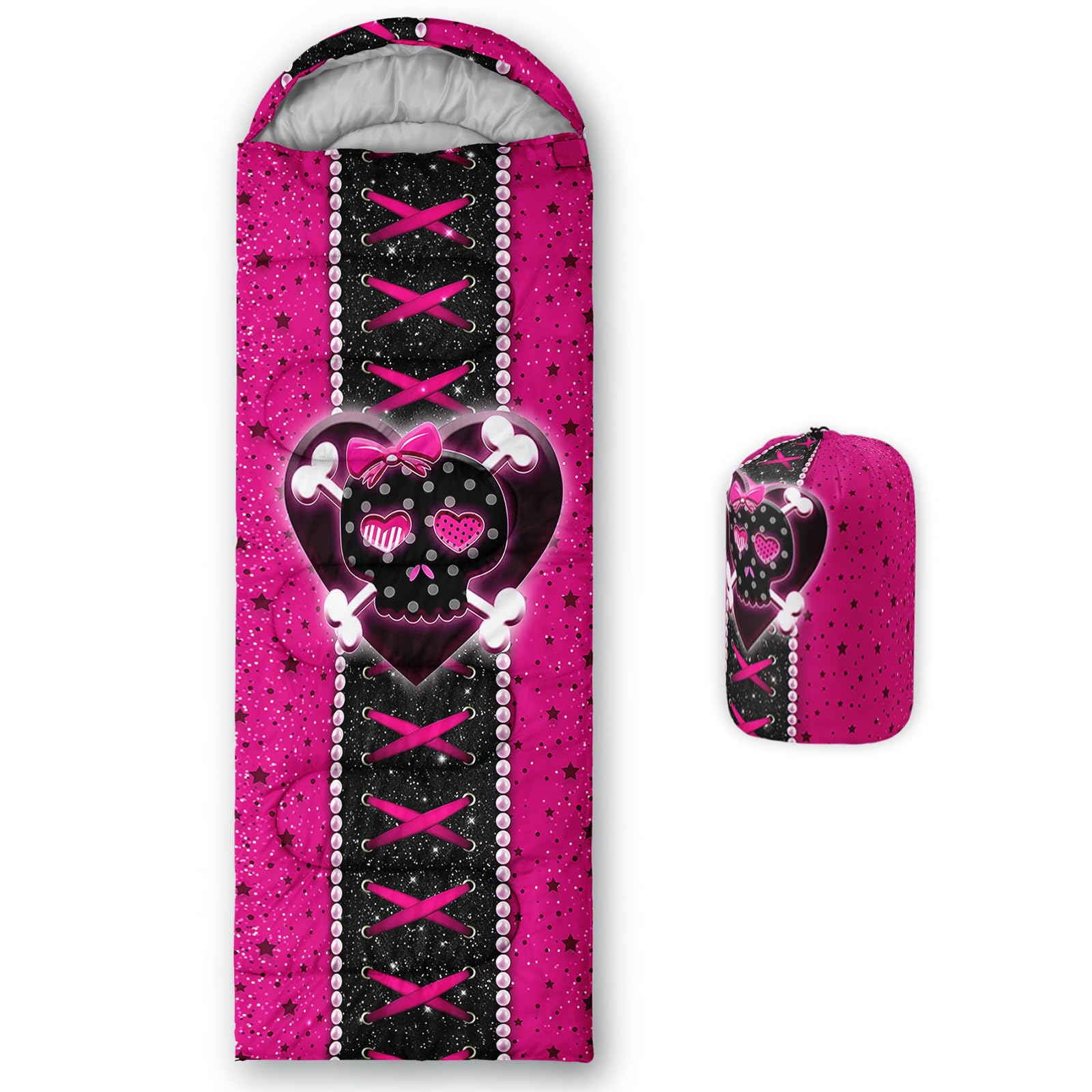 QOOMO Pink Cute Skull Waterproof Sleeping Bags for Adults & Kids,Printed Camping Sleeping Bags, 3 Season Warm & Cool Weather,Lightweight,Traveling,and Outdoors,Camping Gear Equipment,31x90inch
