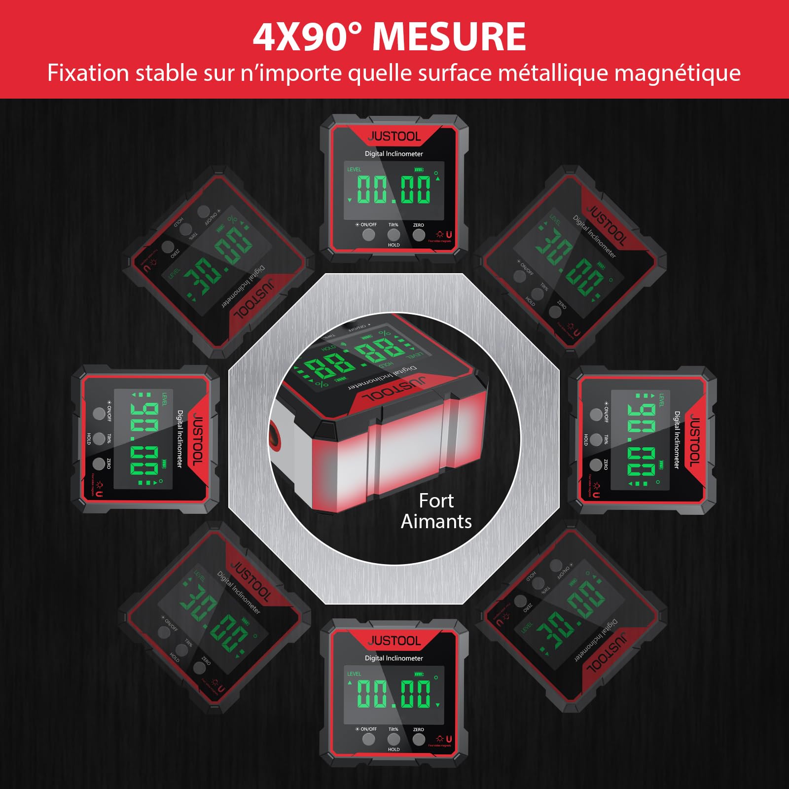 JUSTOOL 4 * 90° Inclinomètre Rapporteur LCD Numérique Inclinomètre Jauge D’angle Laser Niveau à Bulle IP54 Boîte de Niveau étanche Boîte de Nivellement Magnétique à 4 Côtés Boîte Biseautée | Inclinomètre numérique avec 4 aimants latéraux, écran LCD rétroé