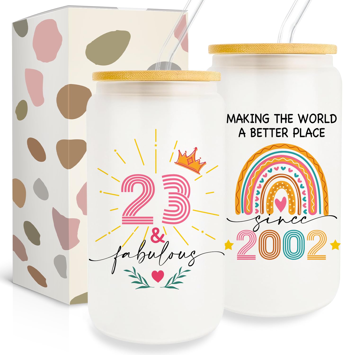 23th Birthday Gifts for Her, 23 Year Old Woman Gifts, 23th Birthday Gifts for Woman, 2002 Birthday Present, Happy 23th Birthday Glass Cups with Lid and Straw, 23th Birthday Party Decorations
