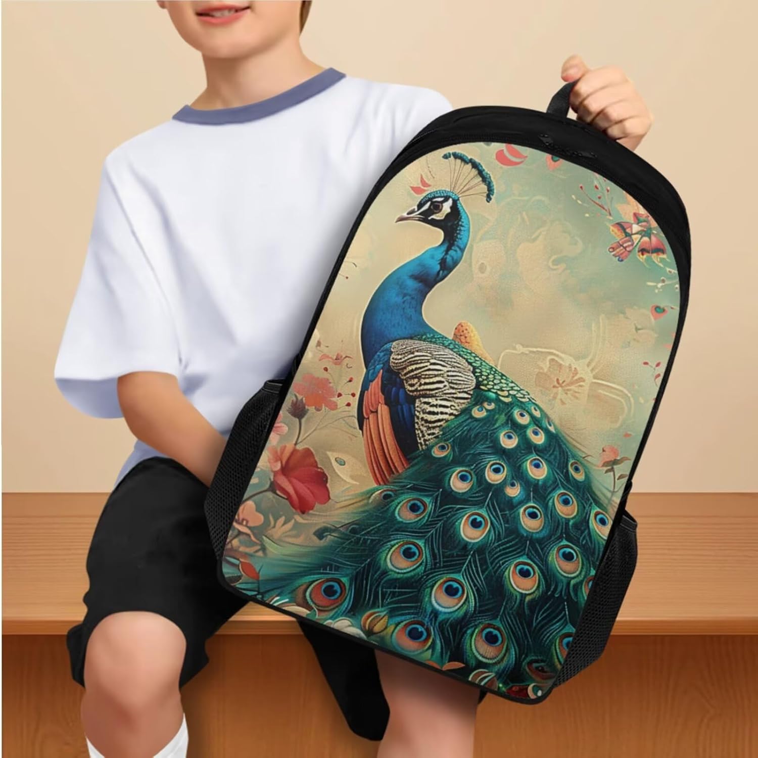 Flashideas Peacock Kids Backpack Set 4 Piece School Backpack Set with Insulated Water Bottle Portable Lunch Bag Water Bottle Holder with Strap for Kids Teens Elementary Middle School
