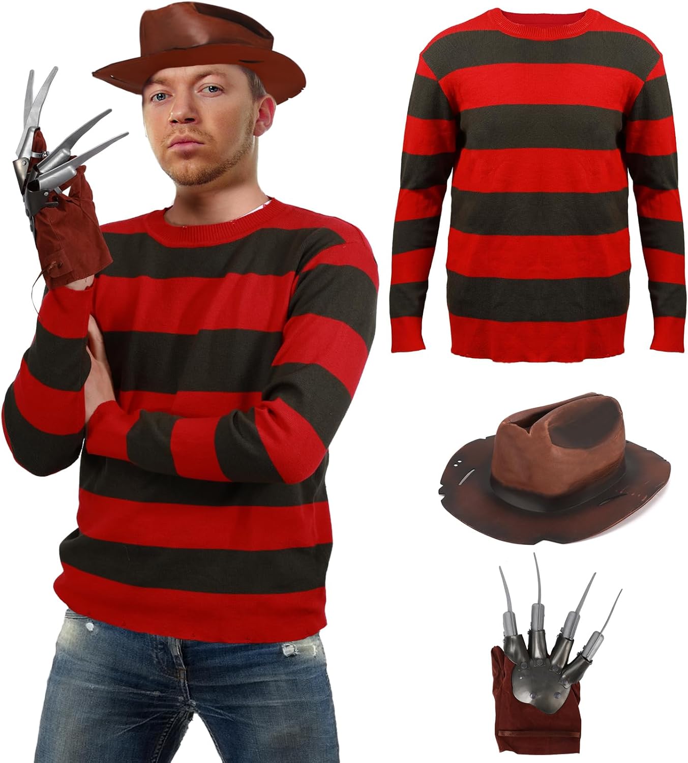3PCS Halloween Sweater Hat Glove for Adults Men Halloween Scary Killer Striped Jumper Horror Devil Cosplay Costume