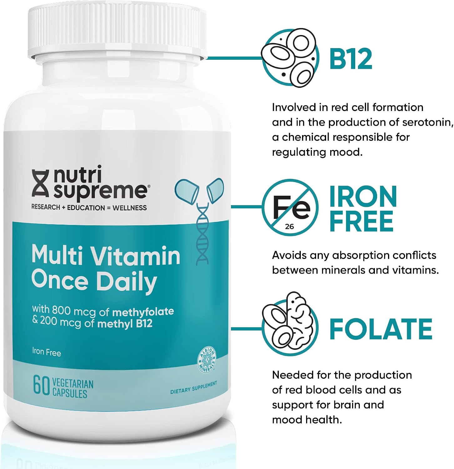 Nutri Supreme Multivitamin for Men and Women with Over 20 Vitamins and Minerals, Daily Nutritional Supplement for Immune Support, Kosher, Vegetarian, 60 Day Supply