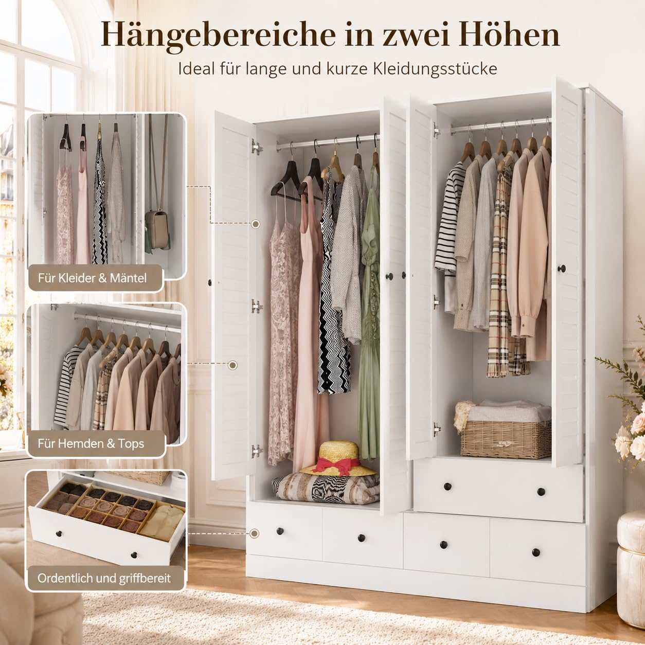 Kleiderschrank mit 4 Türen & 5 Schubladen, 150 × 180 cm, Weiß
