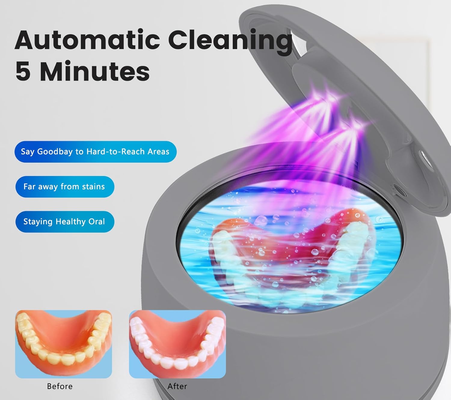 Ultrasonic denture cleaner for dentures, mouth guards, braces, toothbrush heads, jewelry - 45 kHz Ultrasonic Retainer Cleaner (Black)