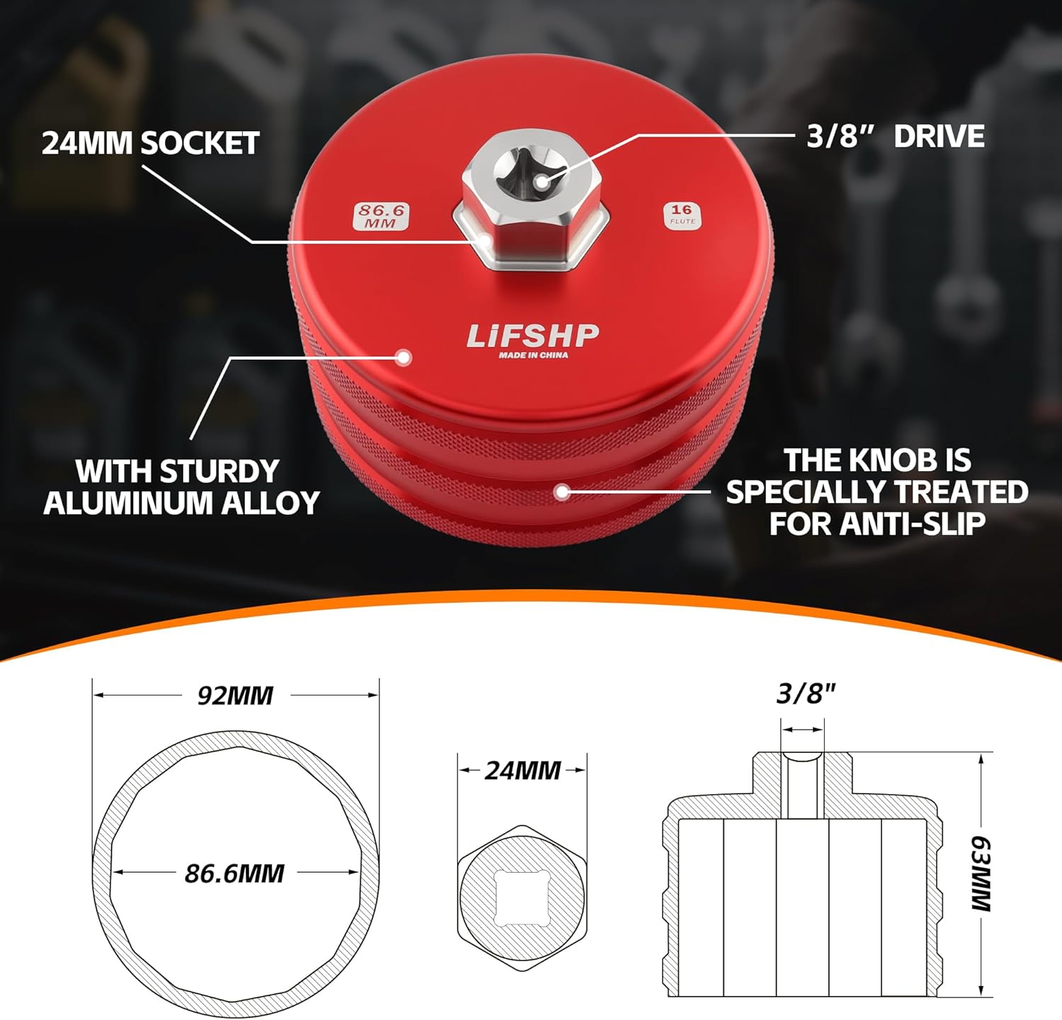 86.6mm 16 Flutes Oil Filter Wrench, Aluminum and Stainless Steel Compatible BMW and Volvo Other Oil Filter Cap Removal Tool for Changing Oil-Red