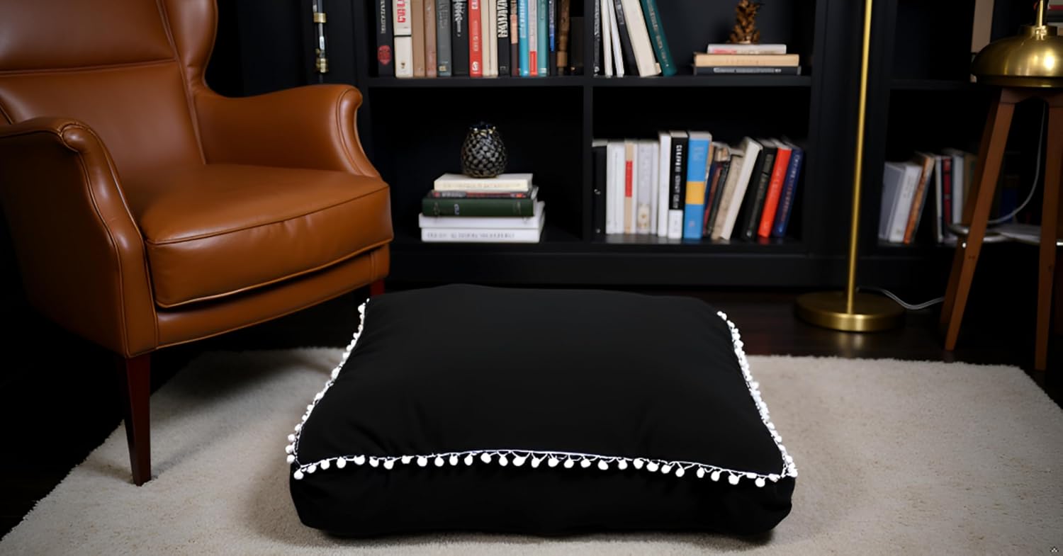 Mandala Floor Pillow Cover Seating Cushion Throw Cover Hippie Decorative Bohemian Ottoman Pouf Cover, Pom Pom Pillow Cases,Boho Indian (Black, 24" Square)