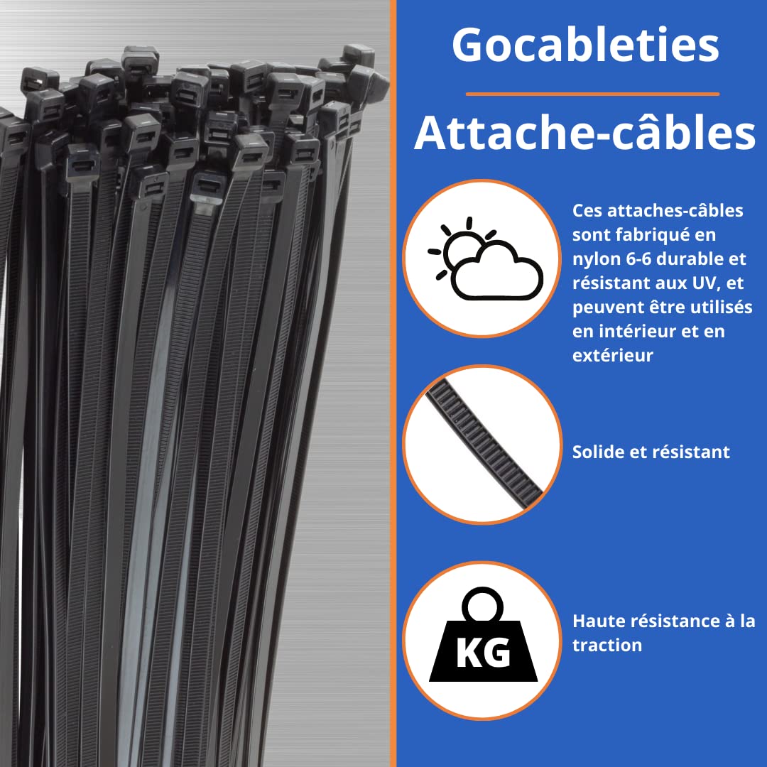 Gocableties - Colliers de Serrage 370 mm x 4,8 mm Noir Lot de 1 000 pièces | Format compact, usage précis - mécanisme autobloquant sécurisé - maison, jardin, bureau, bricolage, électricité