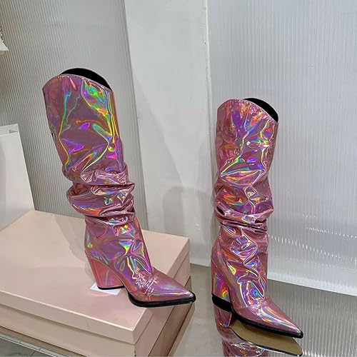 Miniatura 8 de Vertundy Women's Metallic Pointed Toe Knee High Boots Wedge High Heel Tall Boots Patent Leather Pleated Long Boots Wide Calf Chunky Thigh High